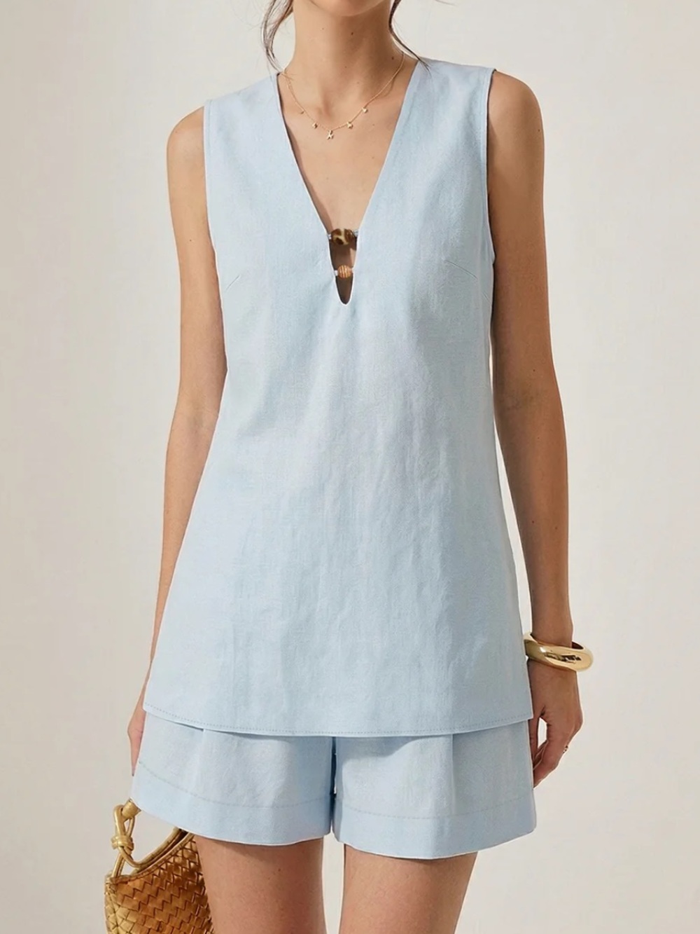 Commense Sleeveless Beaded Linen Blend Top in Light Blue Size L